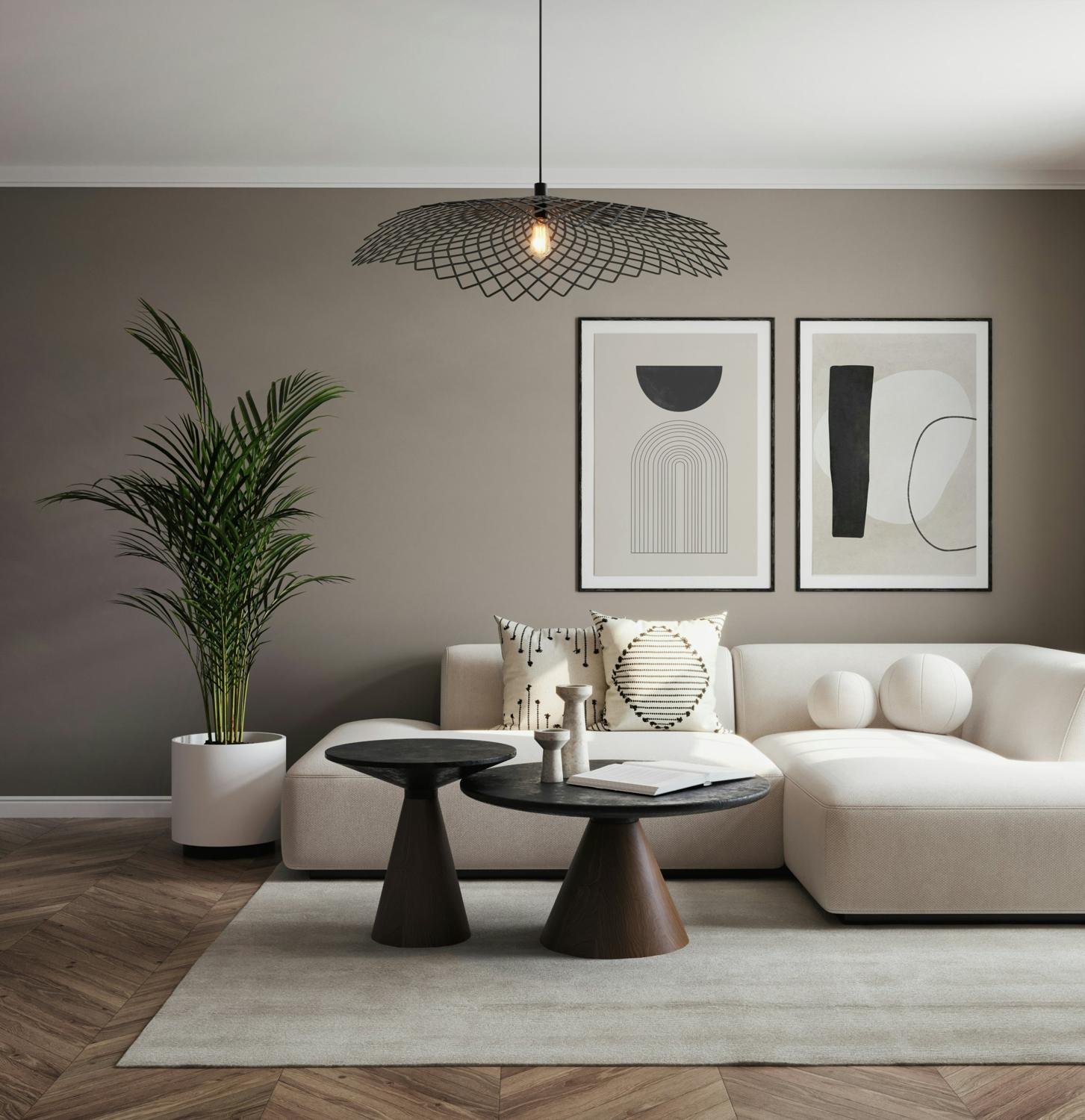 Calm living room with cream sofa and pendant lamp