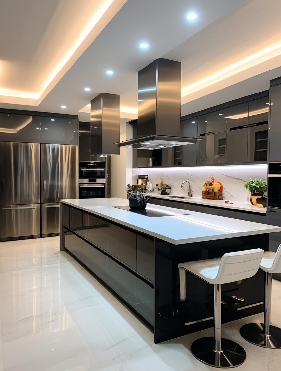 Kitchen with island and under-cabinet lighting