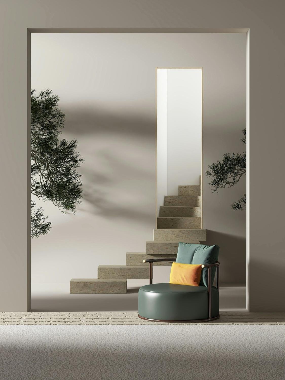 Calm room with arch doorway and stone steps