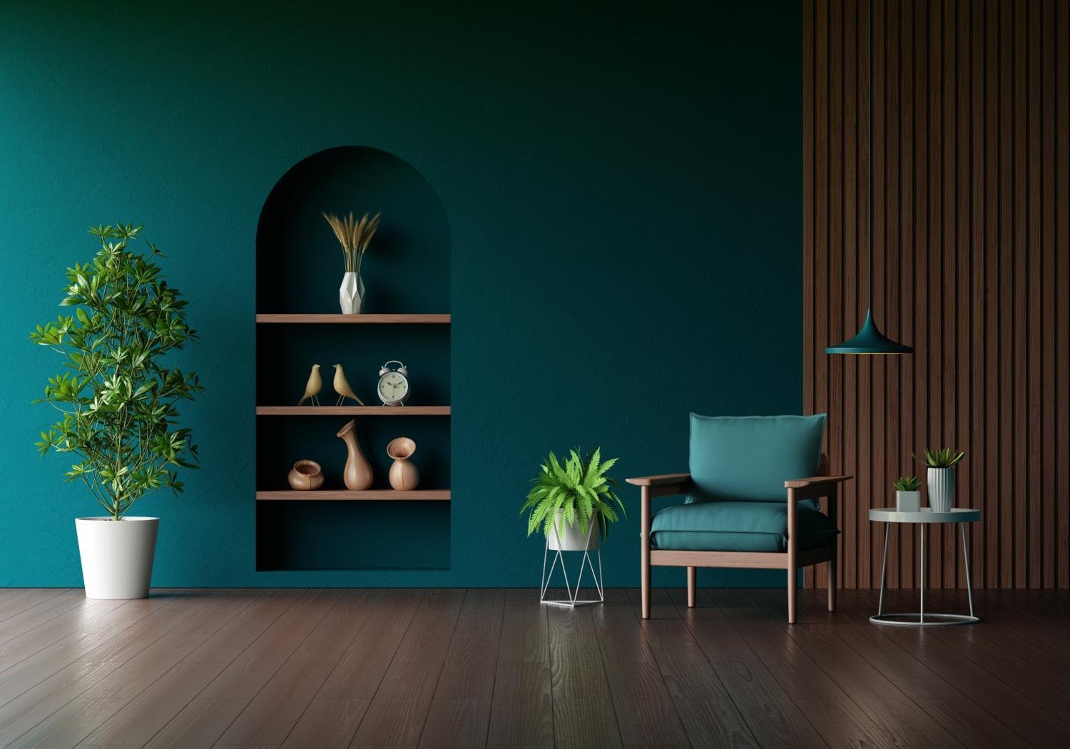 Teal living room with arched niche